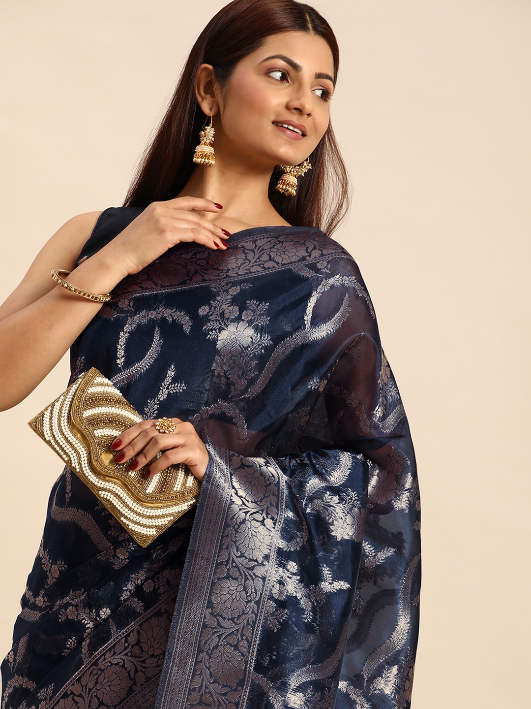 

HERE&NOW Floral Zari Organza Saree, Navy blue