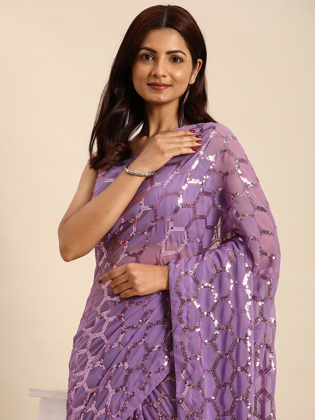 

HERE&NOW Geometric Sequinned Saree, Lavender