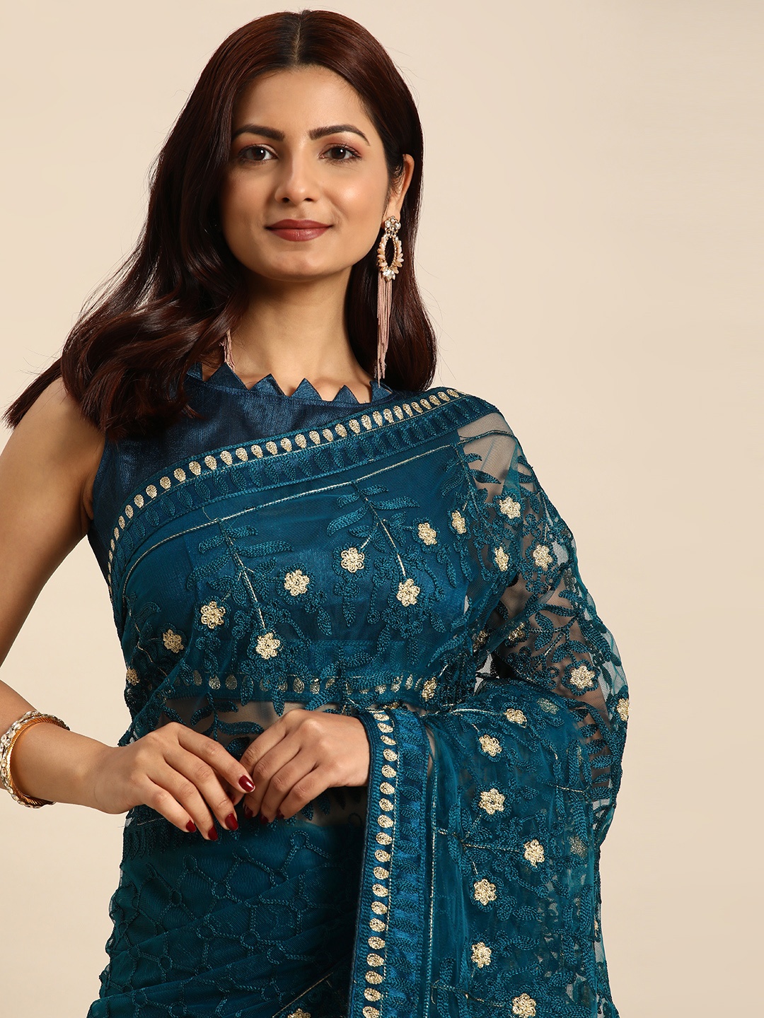 

HERE&NOW Floral Net Saree, Teal