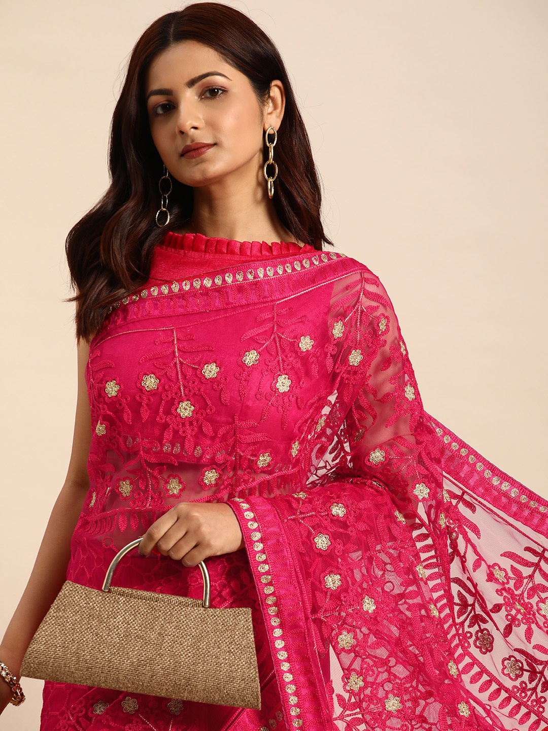 

HERE&NOW Ethnic Motifs Embroidered Net Saree, Pink