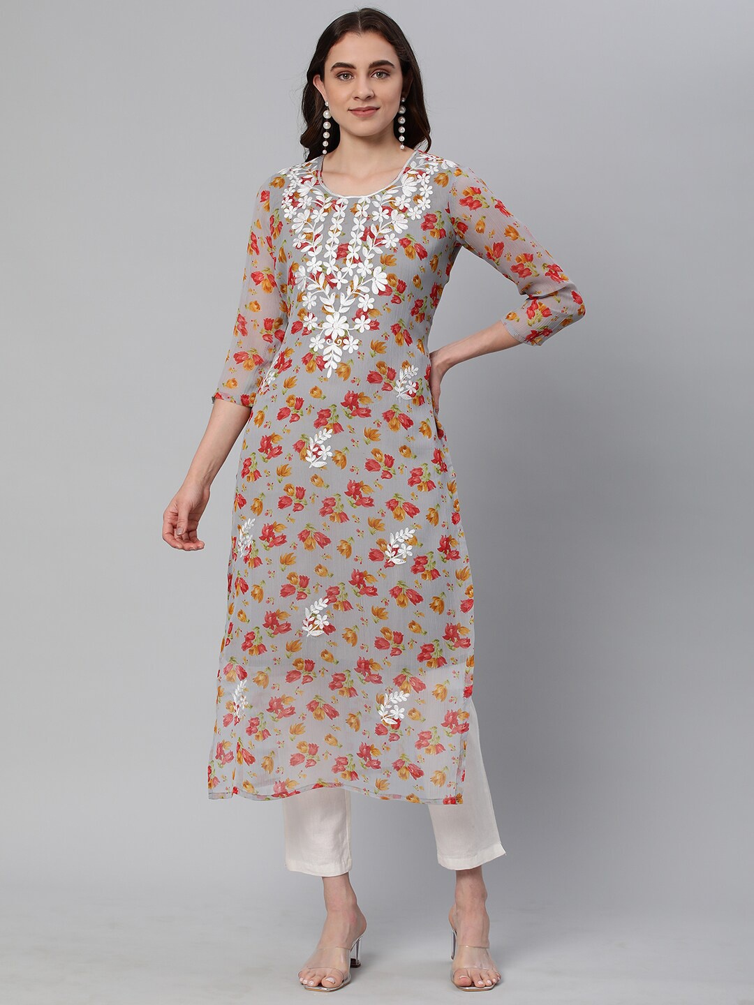 

KALINI Floral Printed Chikankari Kurta, Grey