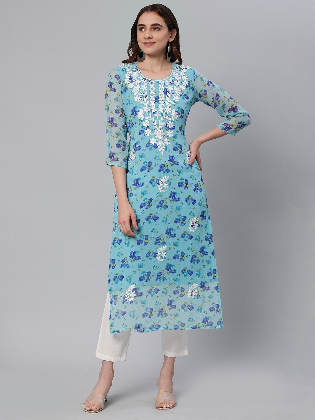 

KALINI Floral Printed Thread Work Kurta, Blue