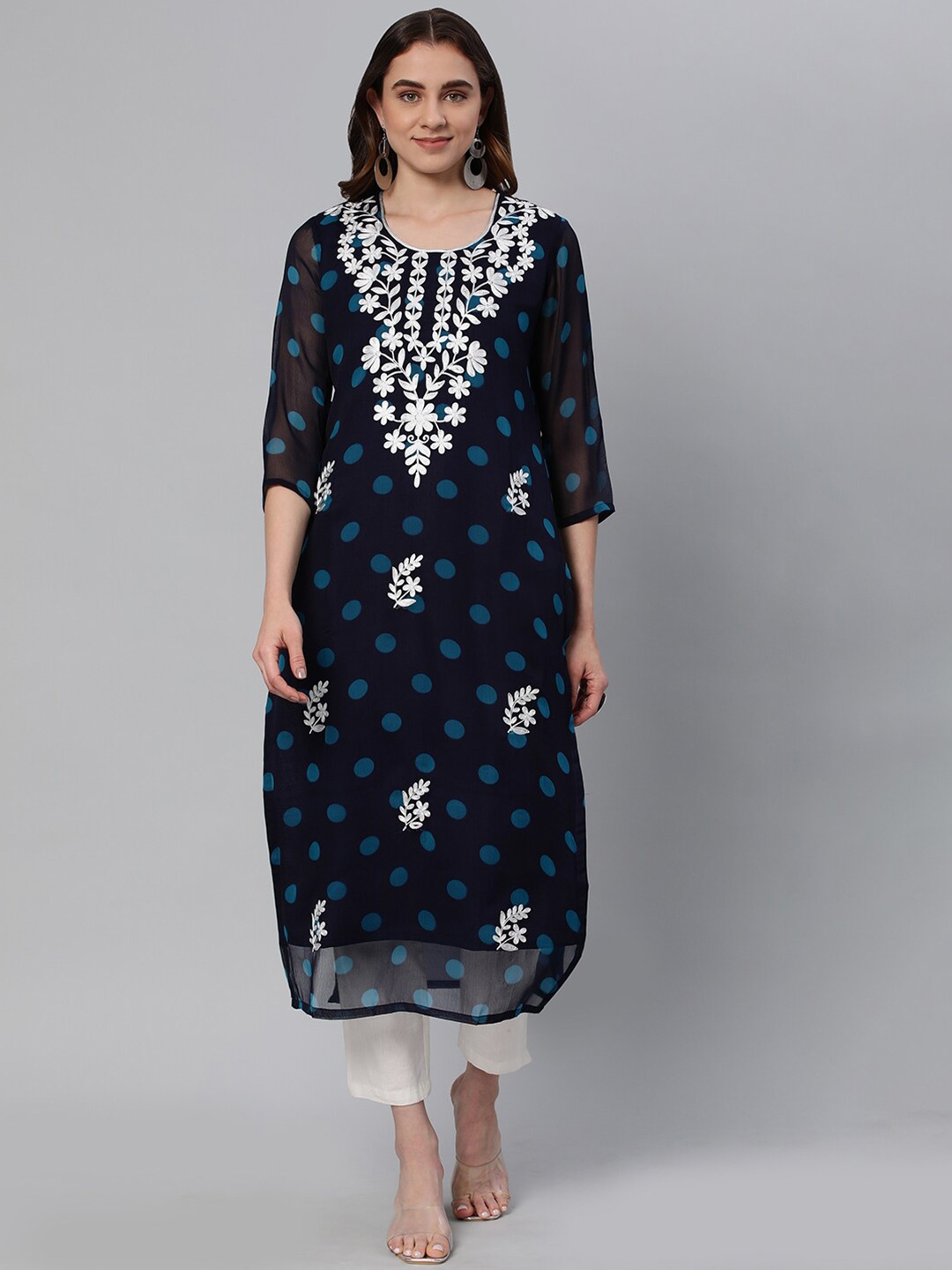 

KALINI Polka Dots Printed Thread Work Detail Georgette Straight Kurta, Black