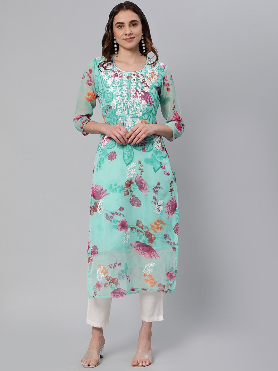 

KALINI Floral Print Thread Work Georgette Kurta, Sea green
