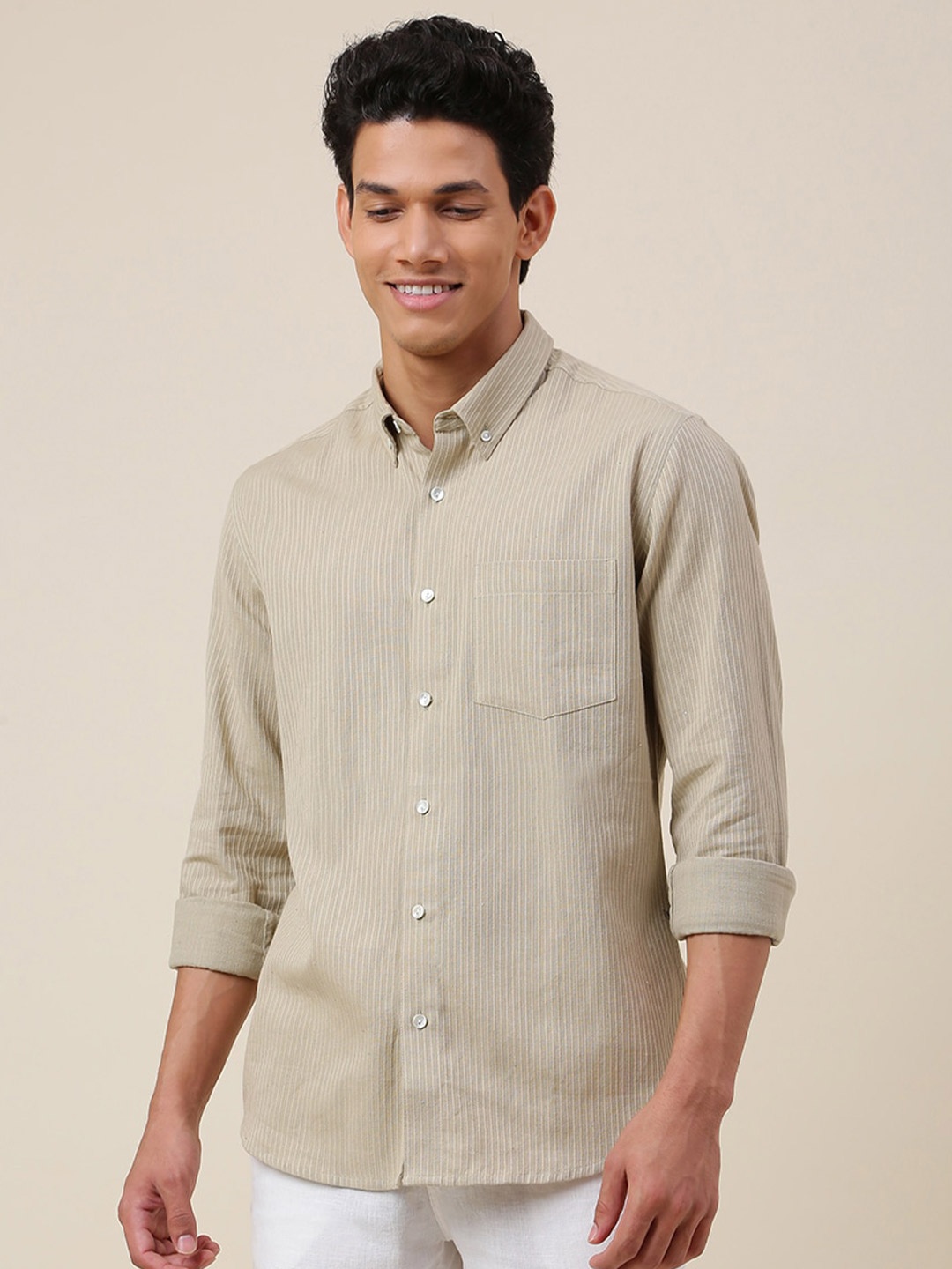 

Fabindia Vertical Striped Slim Fit Cotton Casual Shirt, Taupe