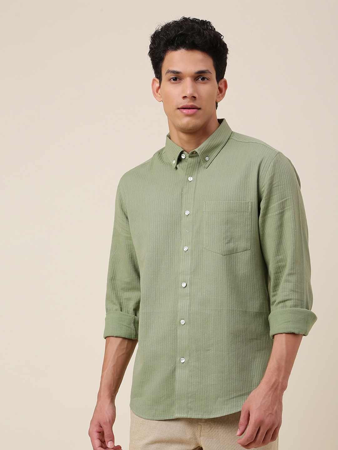 

Fabindia Vertical Striped Slim Fit Cotton Casual Shirt, Green