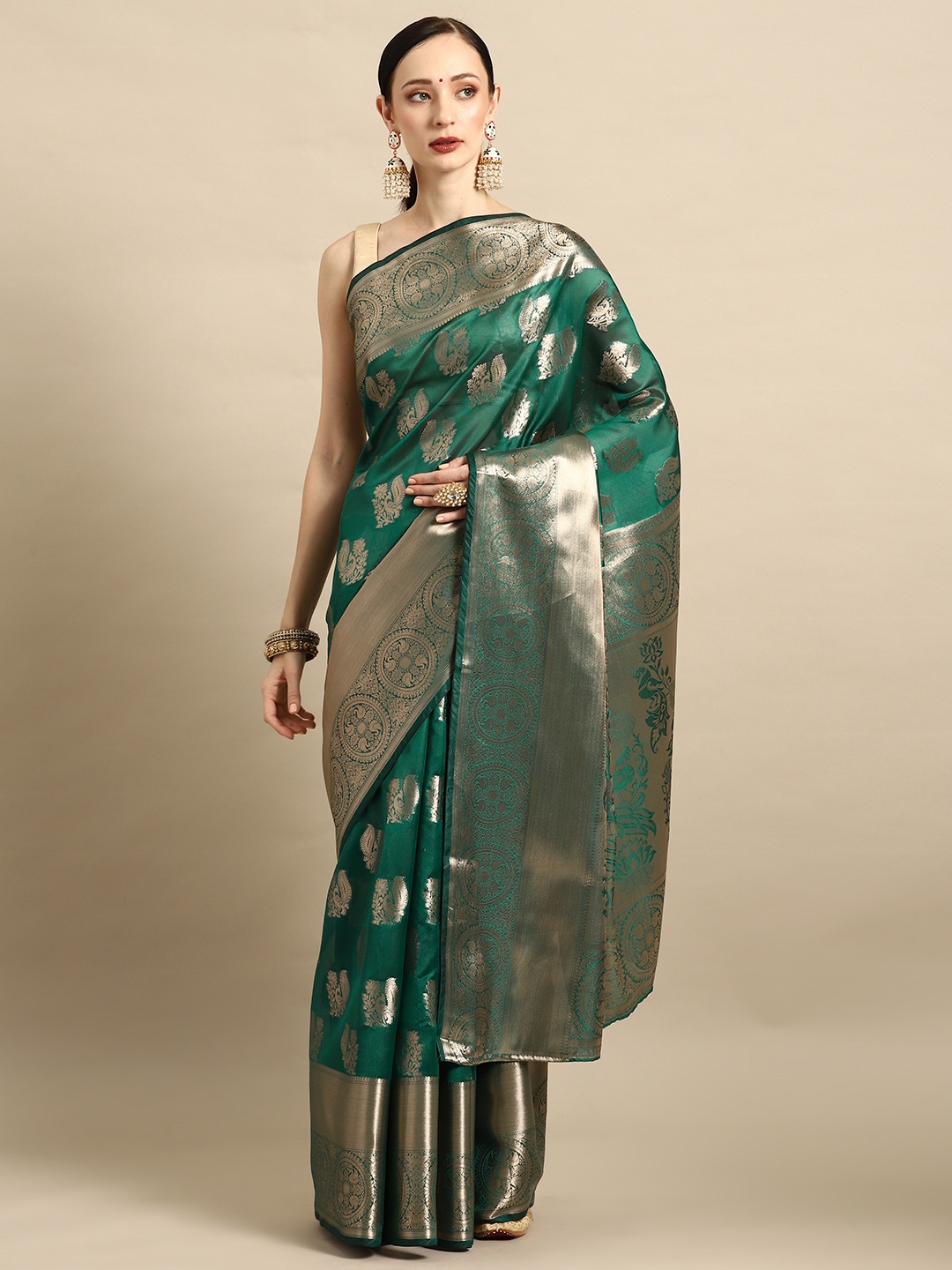 

PRASTHAN Ethnic Motifs Organza Designer Kanjeevaram Saree, Sea green