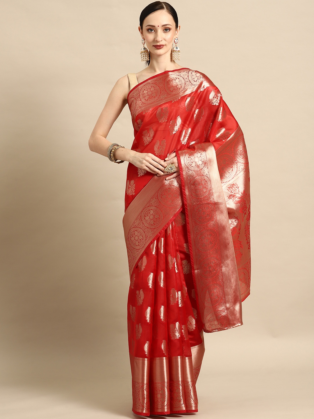 

PRASTHAN Ethnic Motifs Organza Designer Kanjeevaram Saree, Red