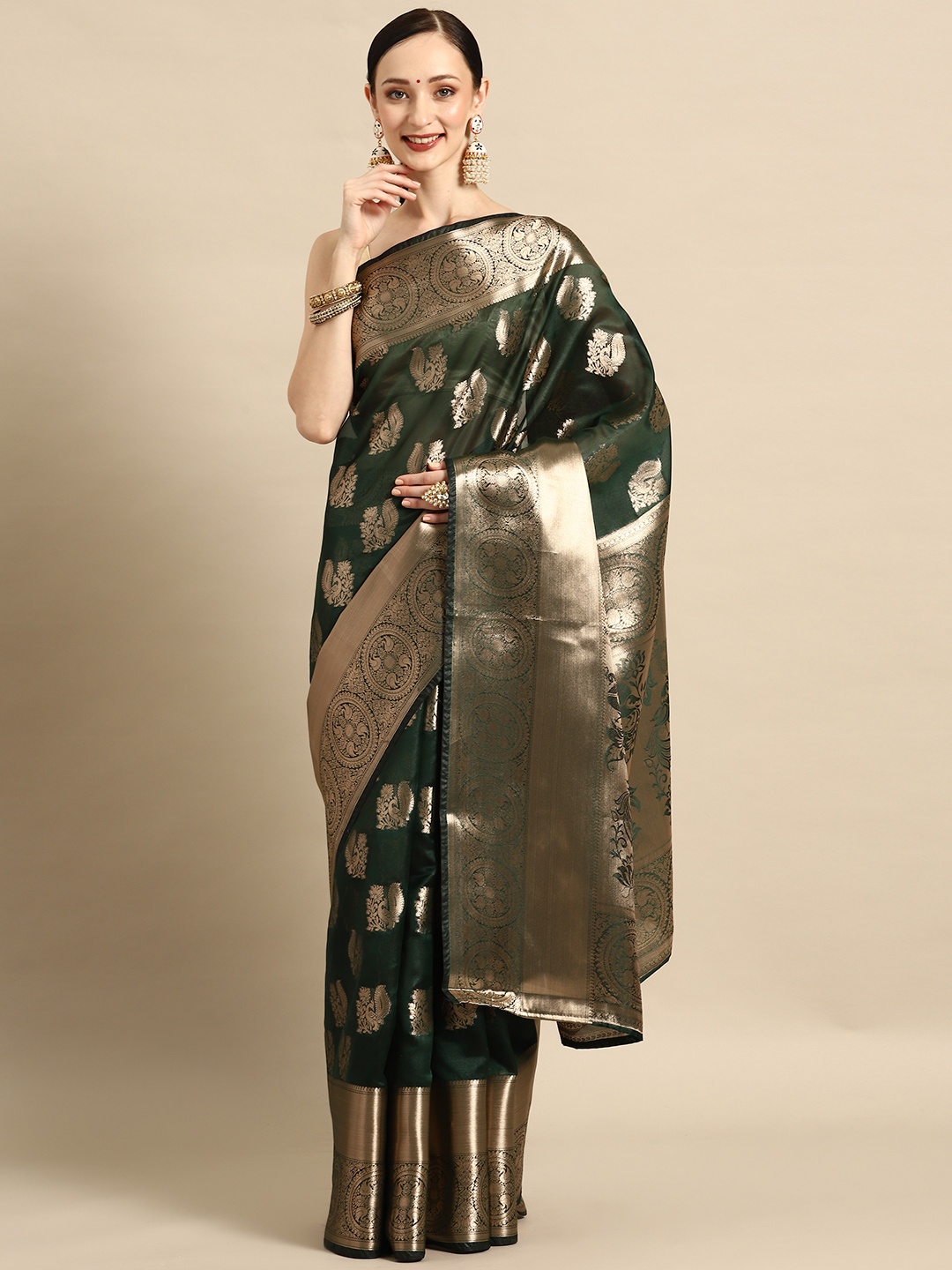 

PRASTHAN Zari Woven Design Saree, Green