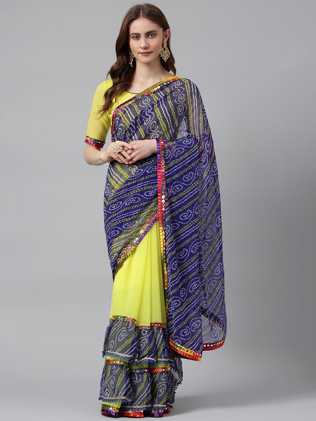

RAJGRANTH Blue & Yellow Bandhani Mirror Work Pure Georgette Half and Half Bandhani Saree