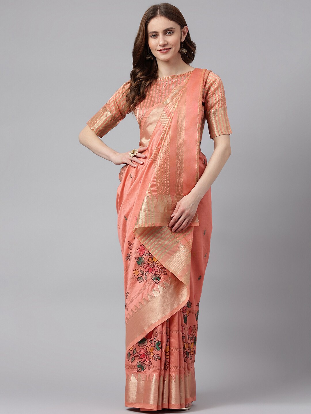 

RAJGRANTH Peach & Pink Floral Embroidered Zari Silk Cotton Banarasi Saree