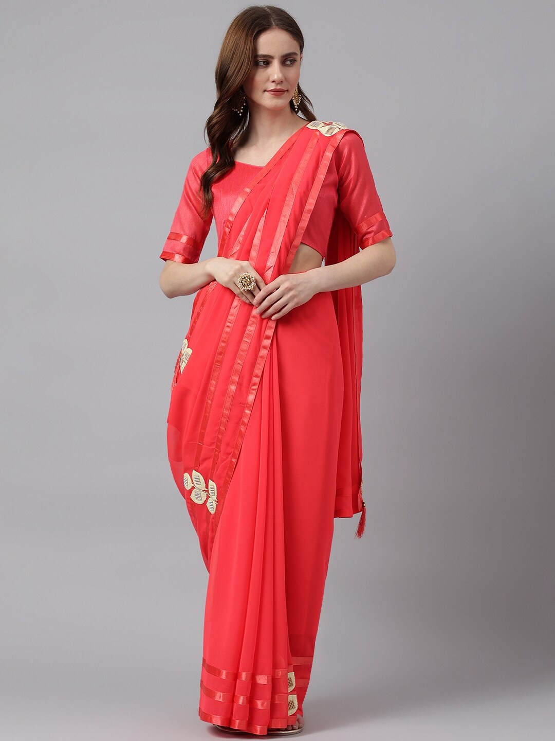 

RAJGRANTH Pink & Gold-Toned Floral Embroidered Pure Georgette Saree