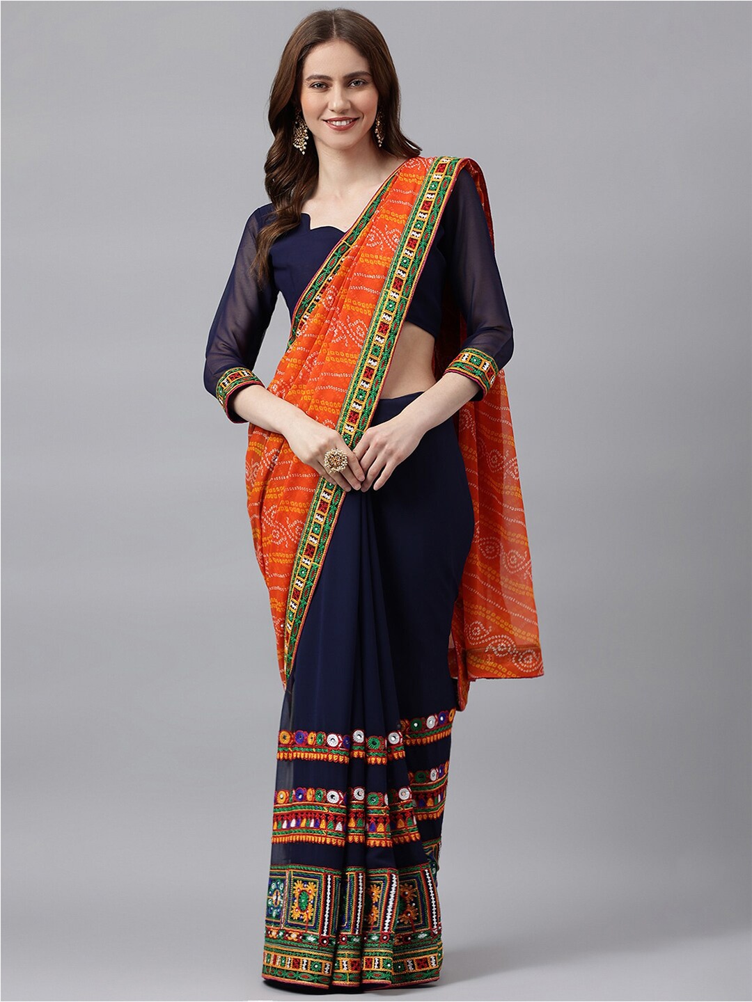 

RAJGRANTH Navy Blue & Orange Kutchi Embroidered Pure Georgette Half and Half Saree