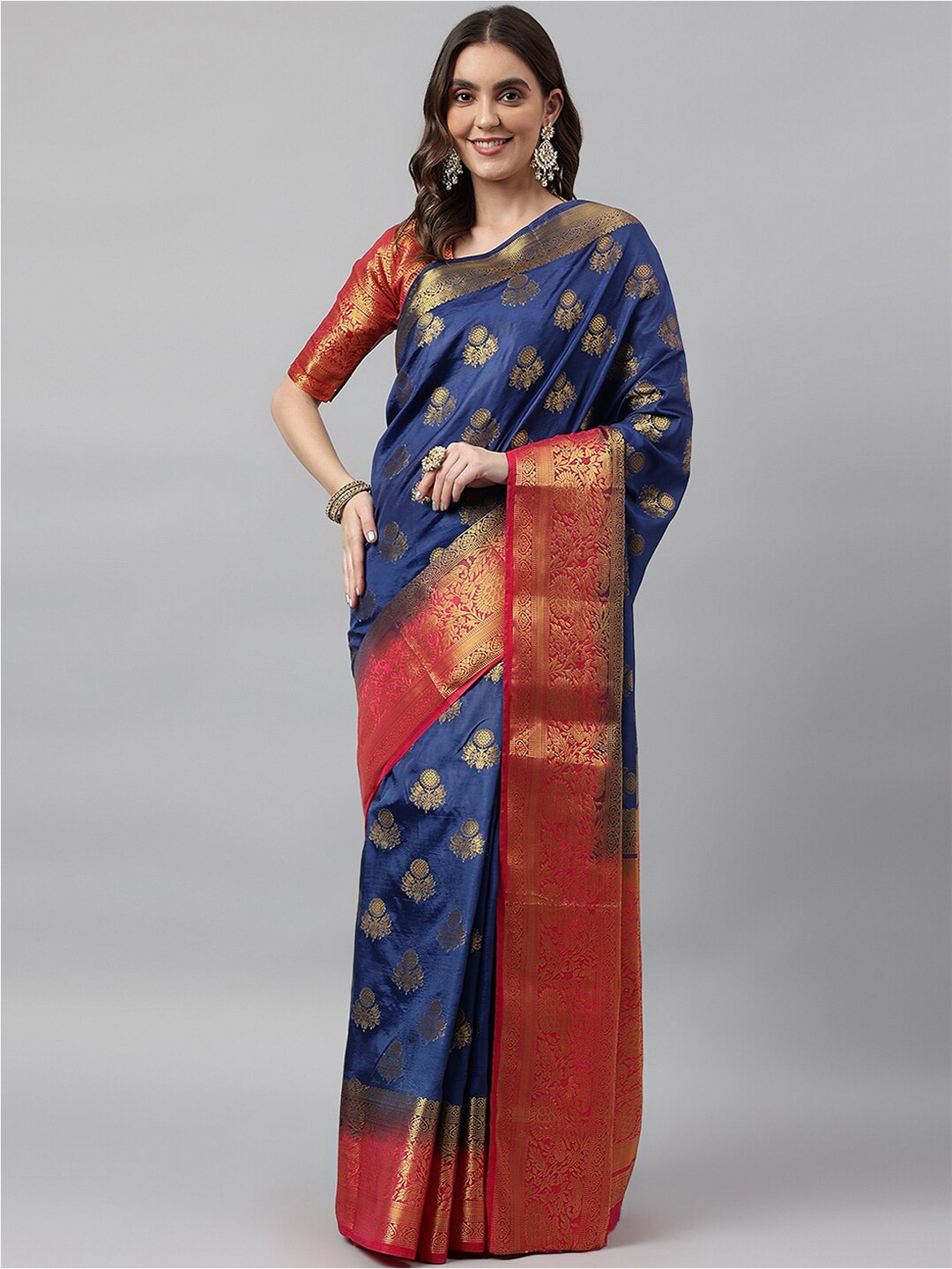 

RAJGRANTH Blue & Pink Ethnic Motifs Woven Design Zari Silk Blend Banarasi Saree