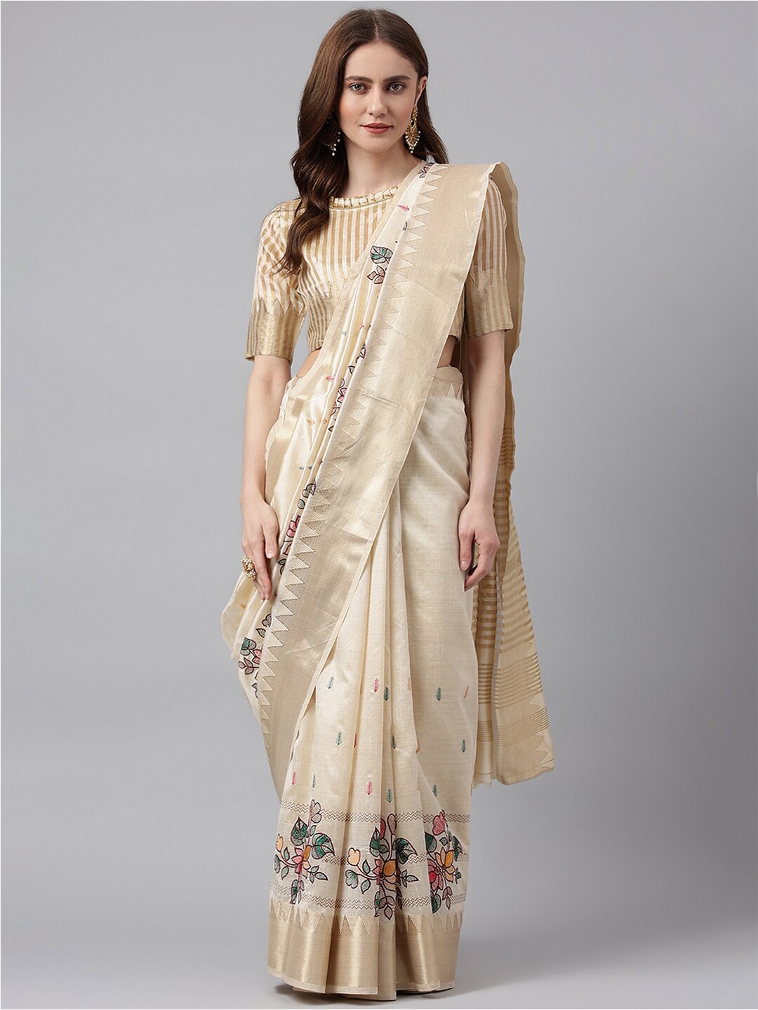 

RAJGRANTH Cream & Gold Ethnic Motifs Embroidered Zari Silk Cotton Banarasi Saree