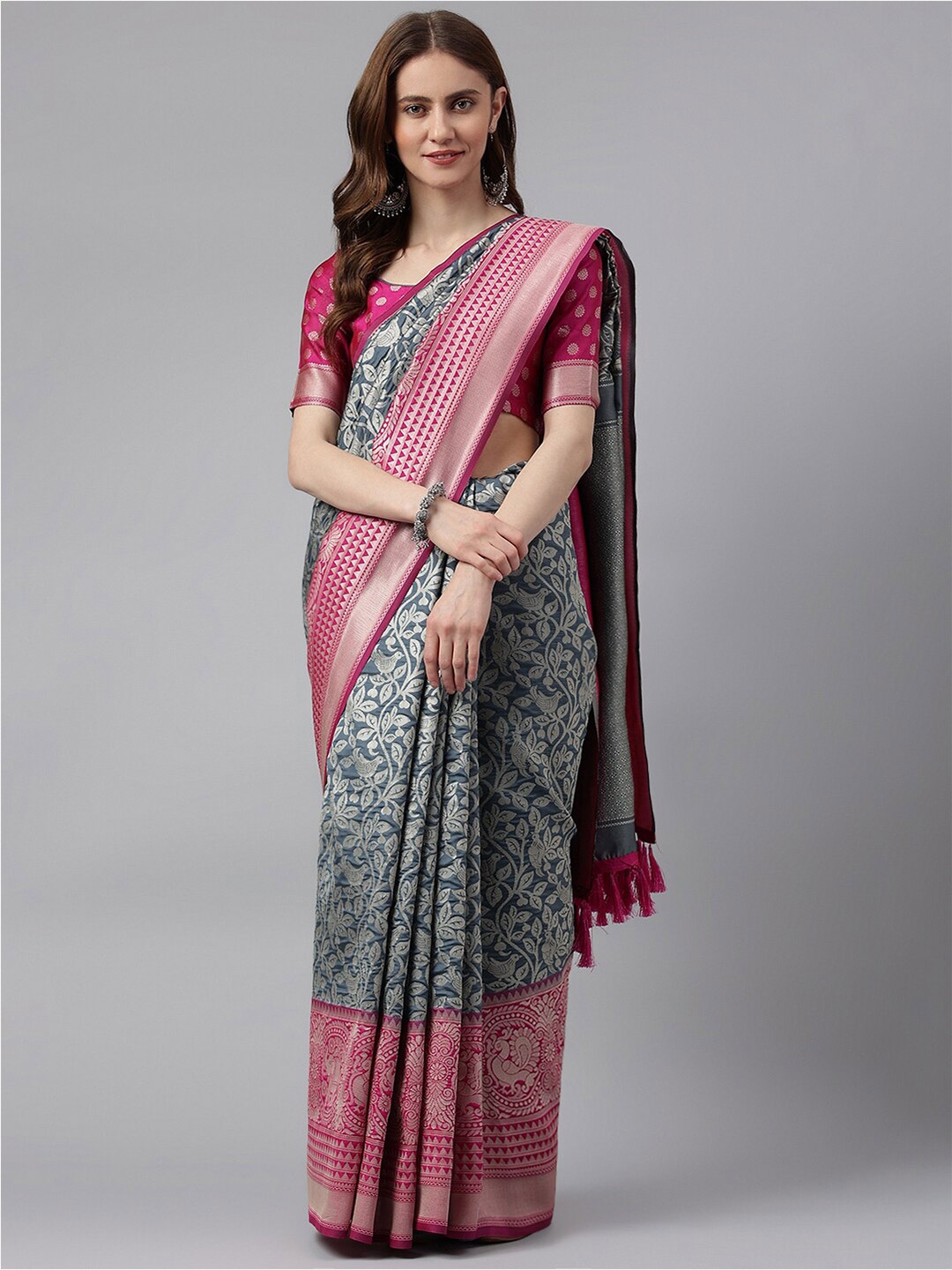 

RAJGRANTH Grey & Pink Ethnic Motifs Woven Design Zari Banarasi Saree