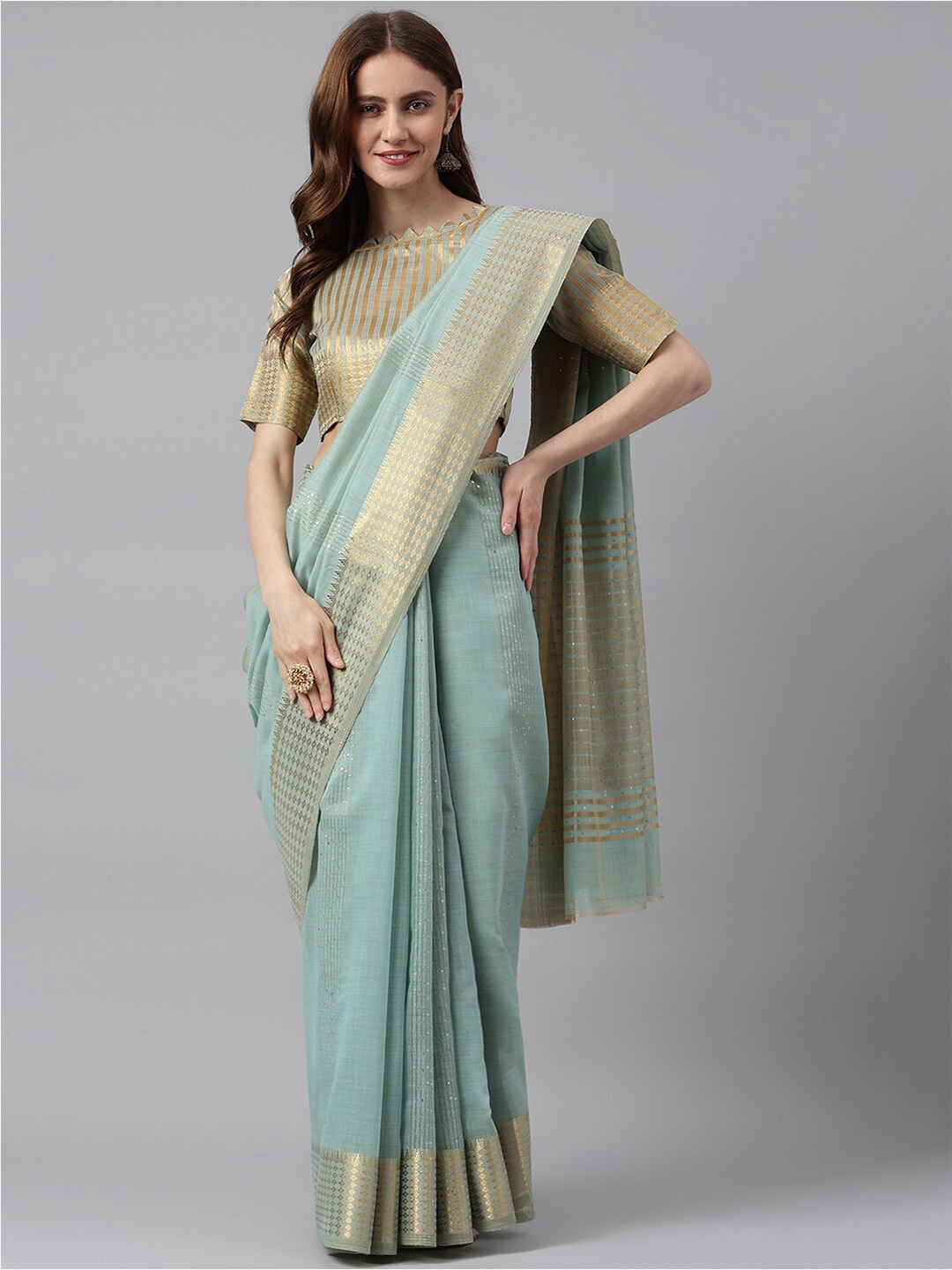 

RAJGRANTH Blue & Gold-Toned Striped Sequinned Linen Blend Banarasi Saree