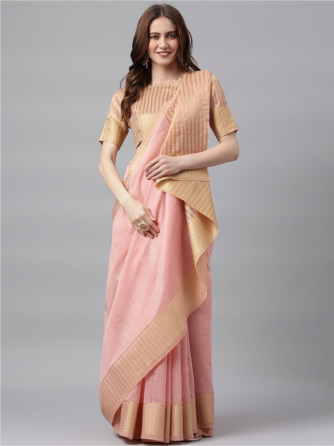 

RAJGRANTH Pink & Gold Striped Sequinned Linen Blend Banarasi Saree