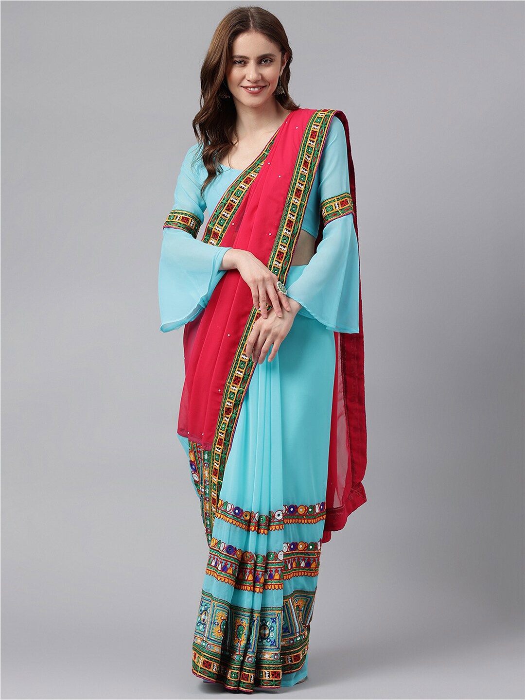 

RAJGRANTH Turquoise Blue & Pink Kutchi Embroidered Pure Georgette Saree