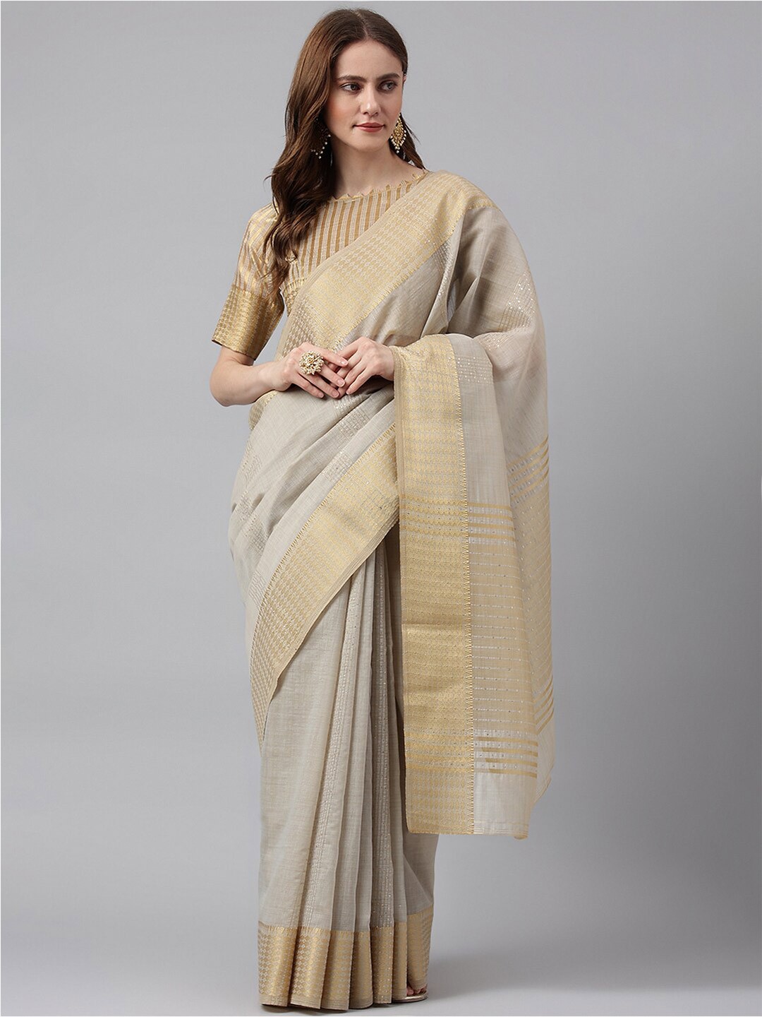 

RAJGRANTH Grey & Gold-Toned Striped Woven Design Zari Banarasi Saree