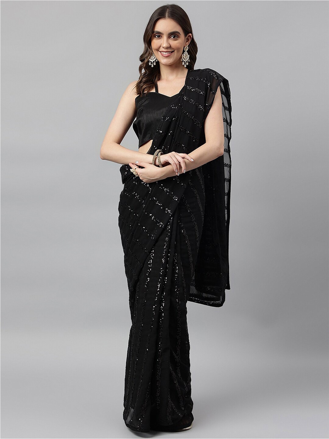 

RAJGRANTH Black Sequinned Embellished Pure Georgette Saree