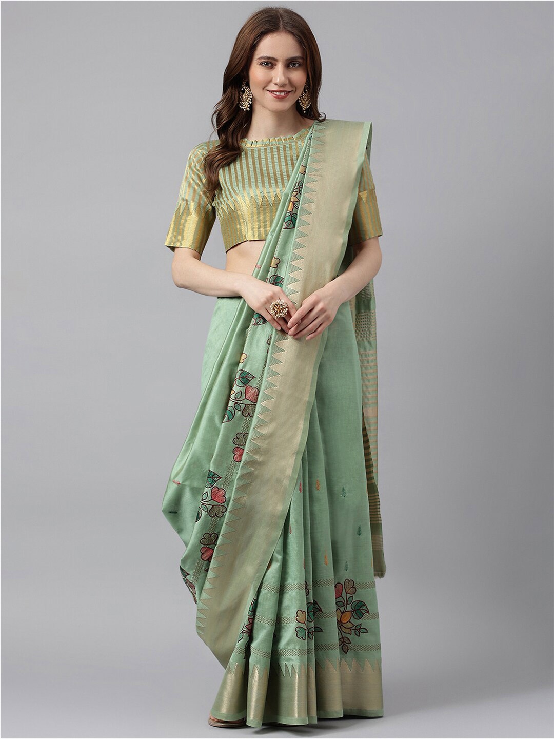 

RAJGRANTH Olive Green & Gold-Toned Ethnic Motifs Embroidered Zari Banarasi Saree