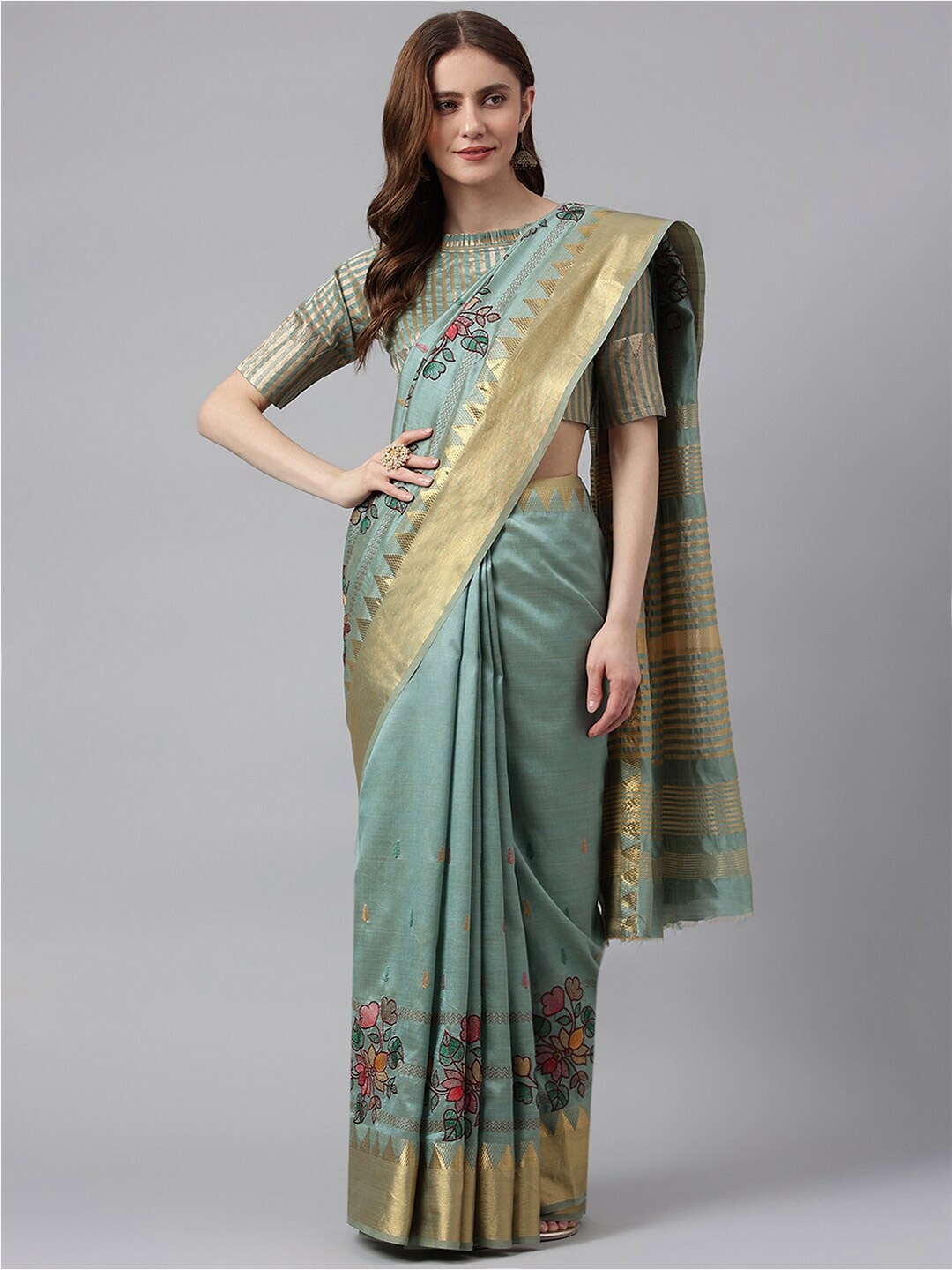 

RAJGRANTH Turquoise Blue & Green Floral Embroidered Zari Banarasi Saree