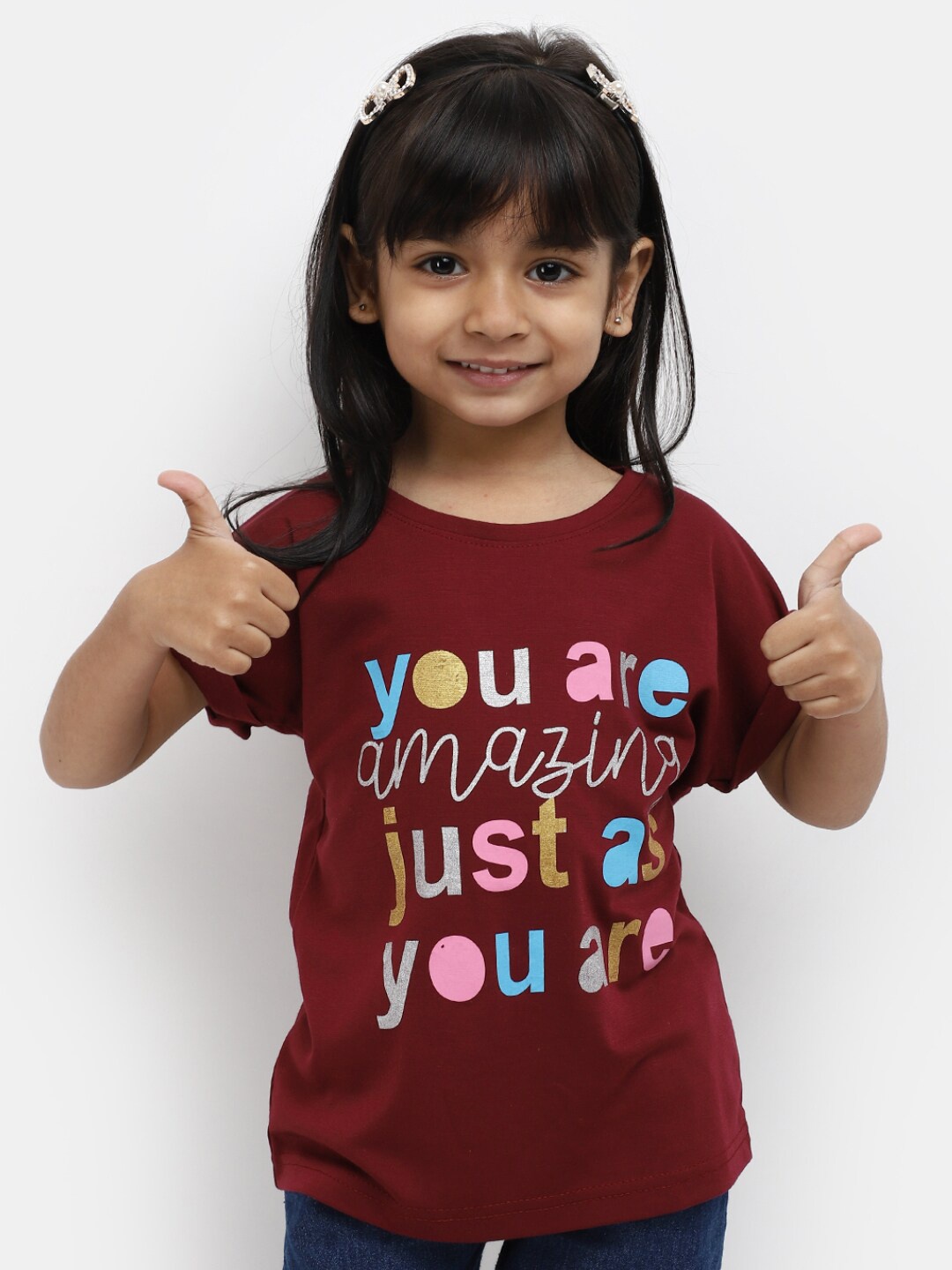 

V-Mart Girls Typography Printed Cotton T-shirt, Maroon