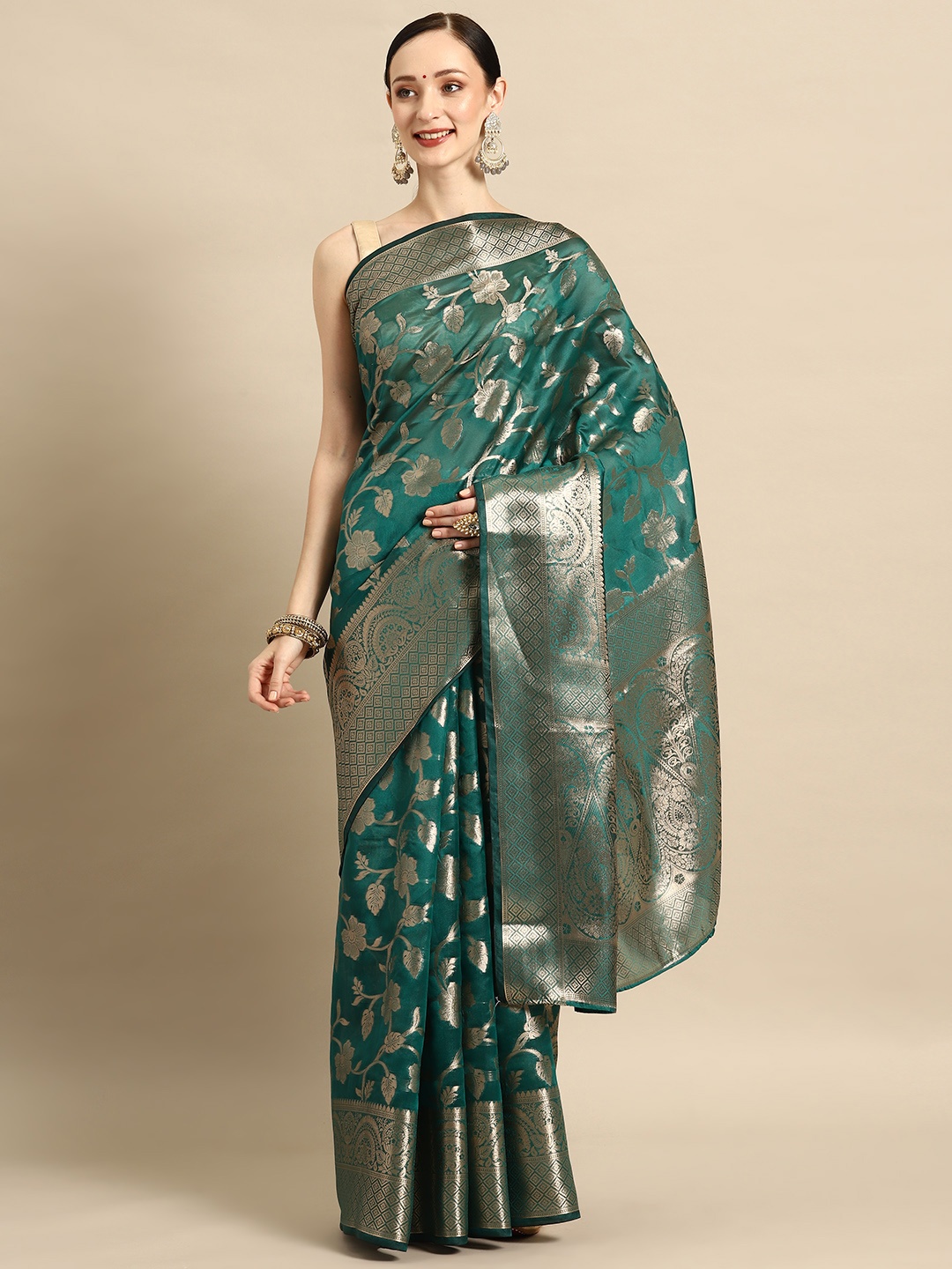

PRASTHAN Ethnic Motifs Organza Designer Kanjeevaram Saree, Sea green