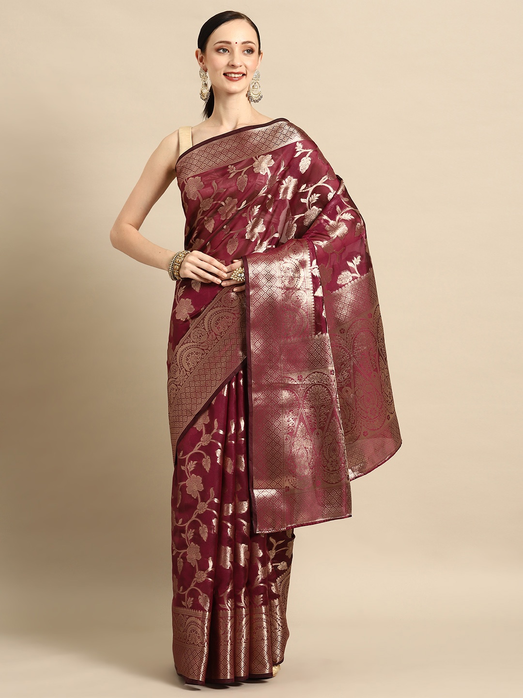 

PRASTHAN Ethnic Motifs Organza Designer Kanjeevaram Saree, Purple