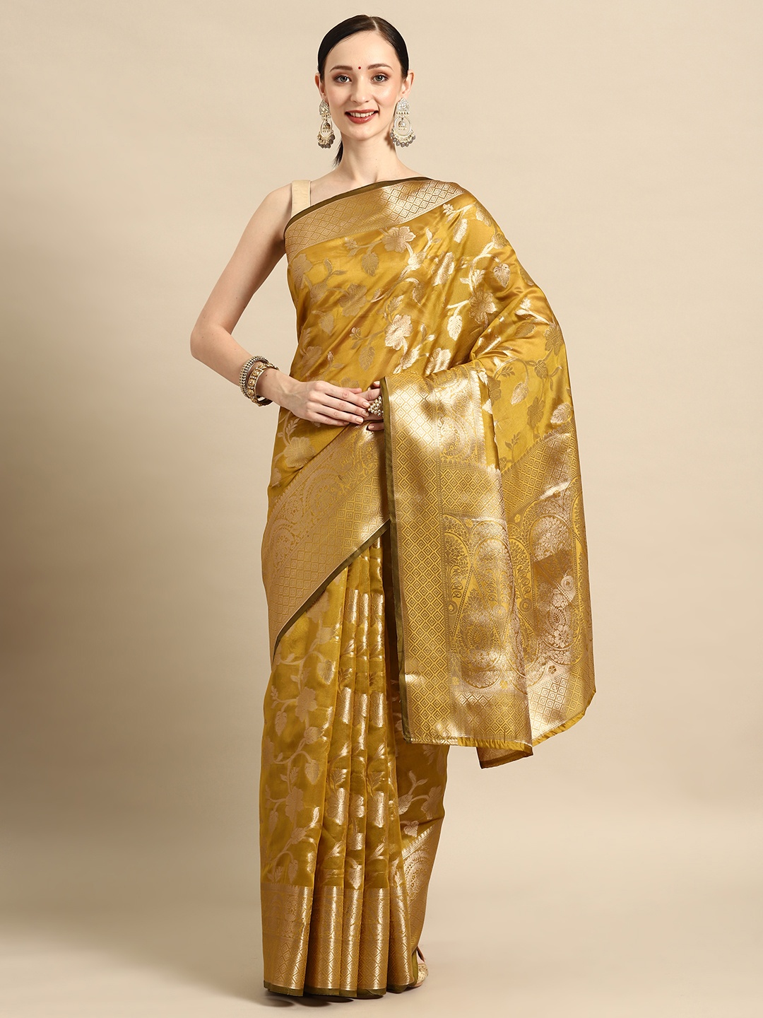 

PRASTHAN Ethnic Motifs Organza Designer Kanjeevaram Saree, Olive