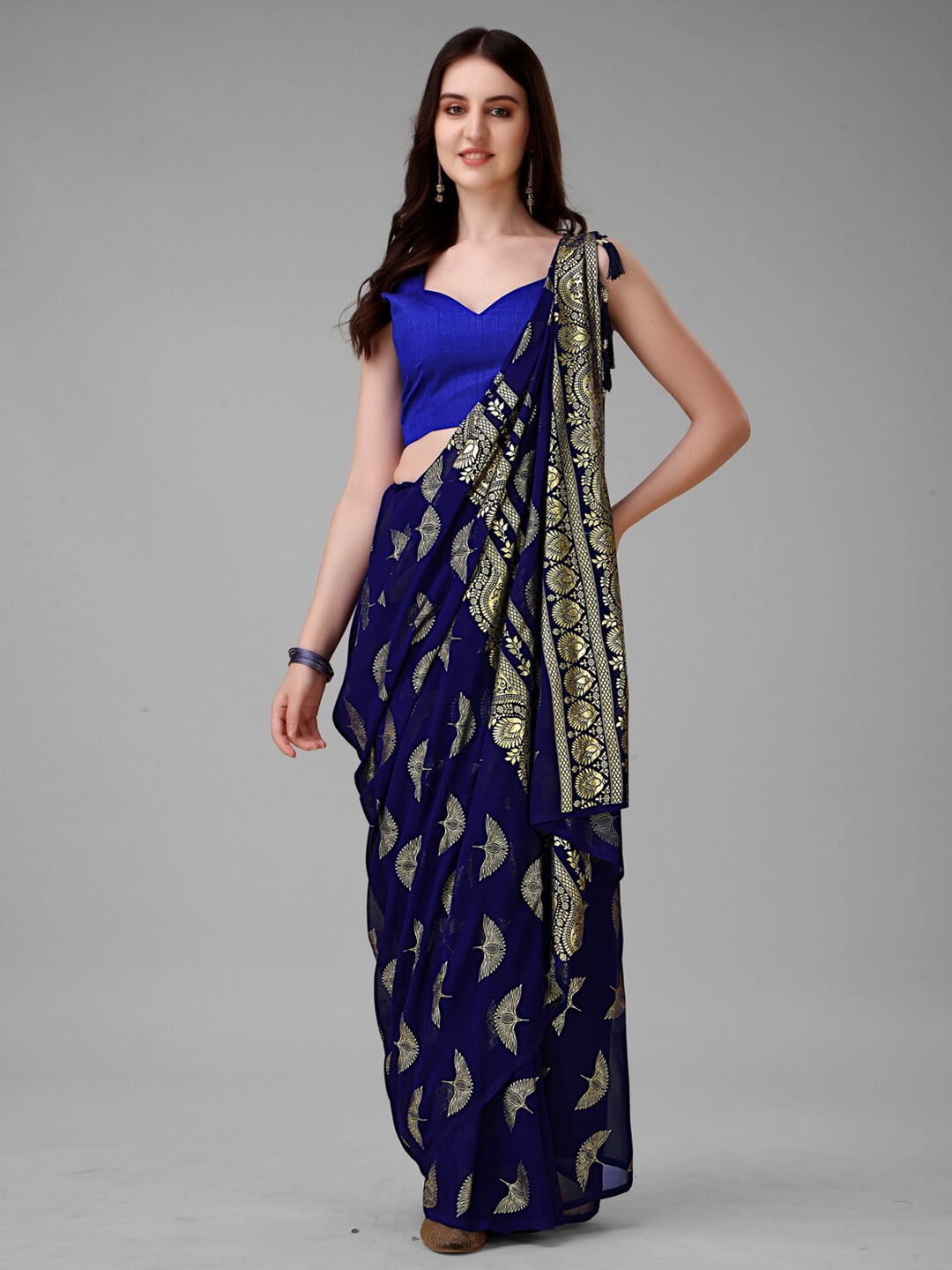 

Anouk Navy Blue & Gold-Toned Ethnic Motifs Printed Pure Georgette Saree