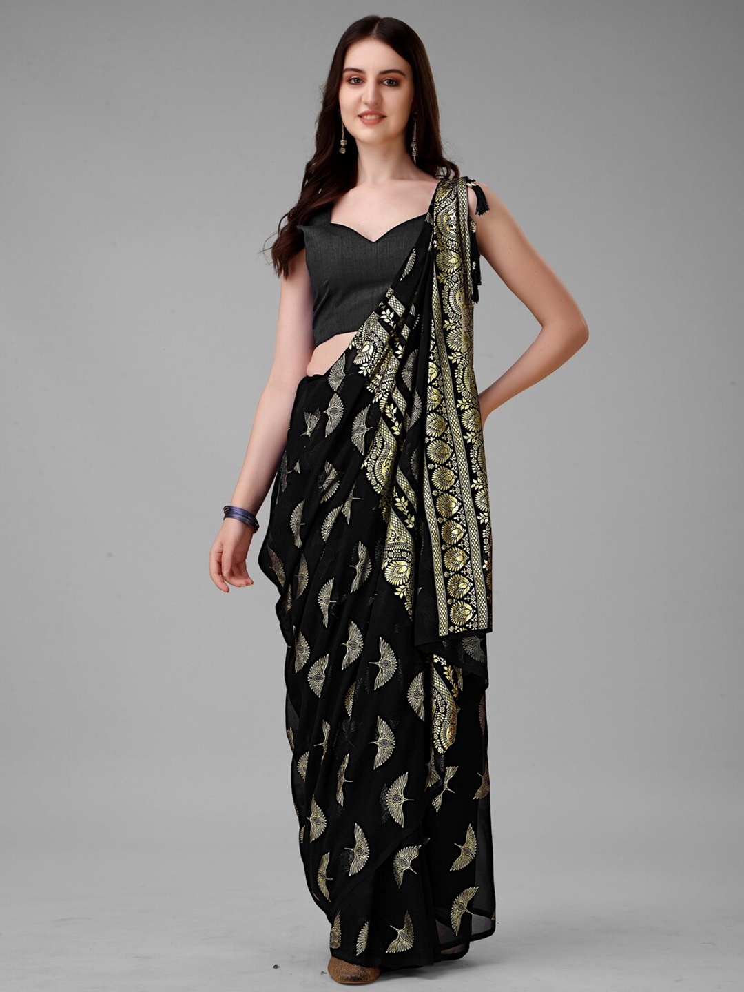 

Anouk Black & Gold-Toned Ethnic Motifs Printed Pure Georgette Saree