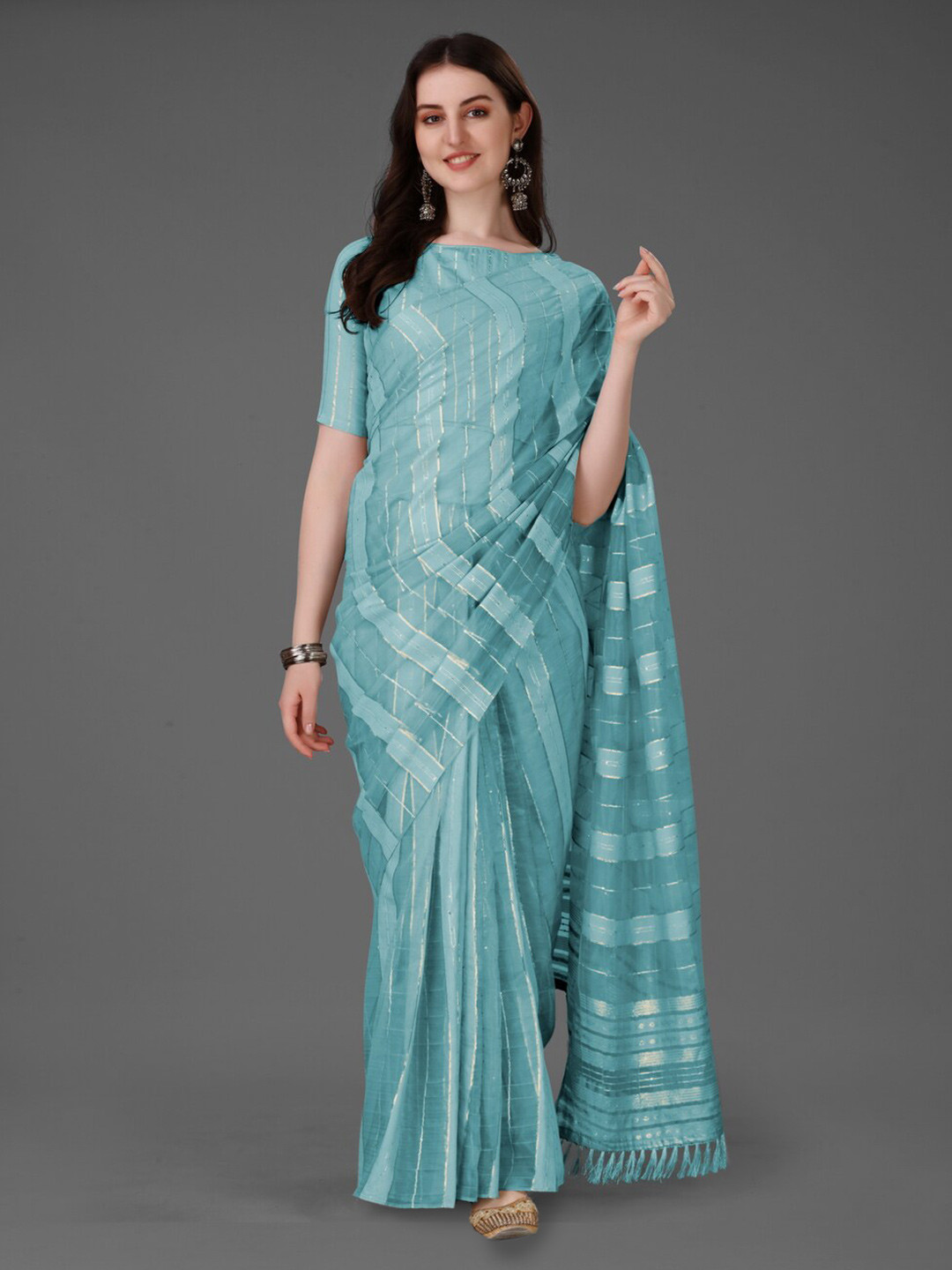 

Anouk Turquoise Blue & Gold-Toned Striped Zari Silk Cotton Saree
