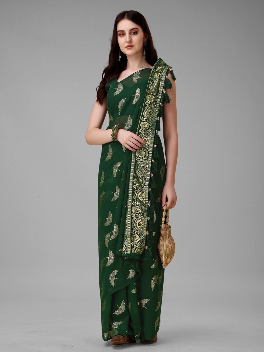 

Anouk Green & Gold-Toned Ethnic Motifs Printed Pure Georgette Saree