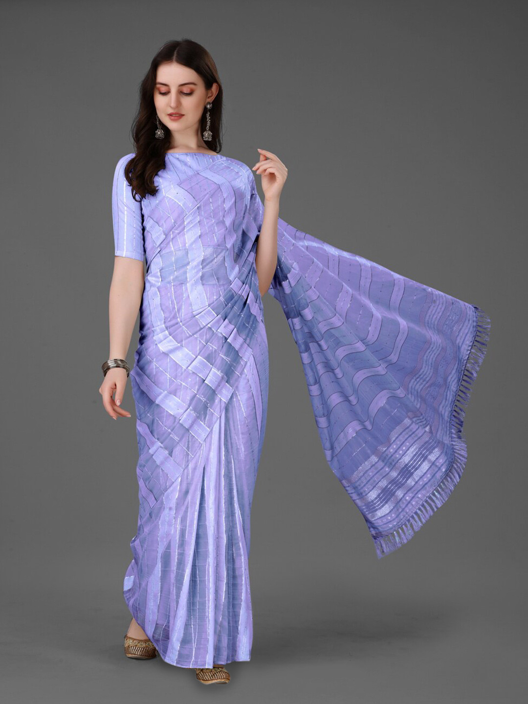 

Anouk Lavender & Gold-Toned Striped Zari Silk Cotton Saree