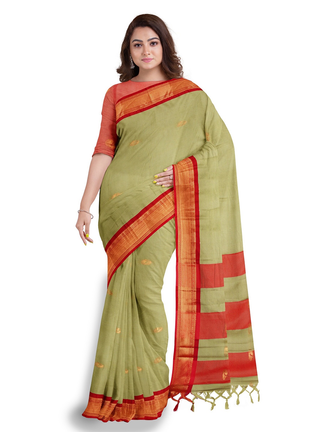 

Anouk Khaki & Red Ethnic Woven Design Zari Saree