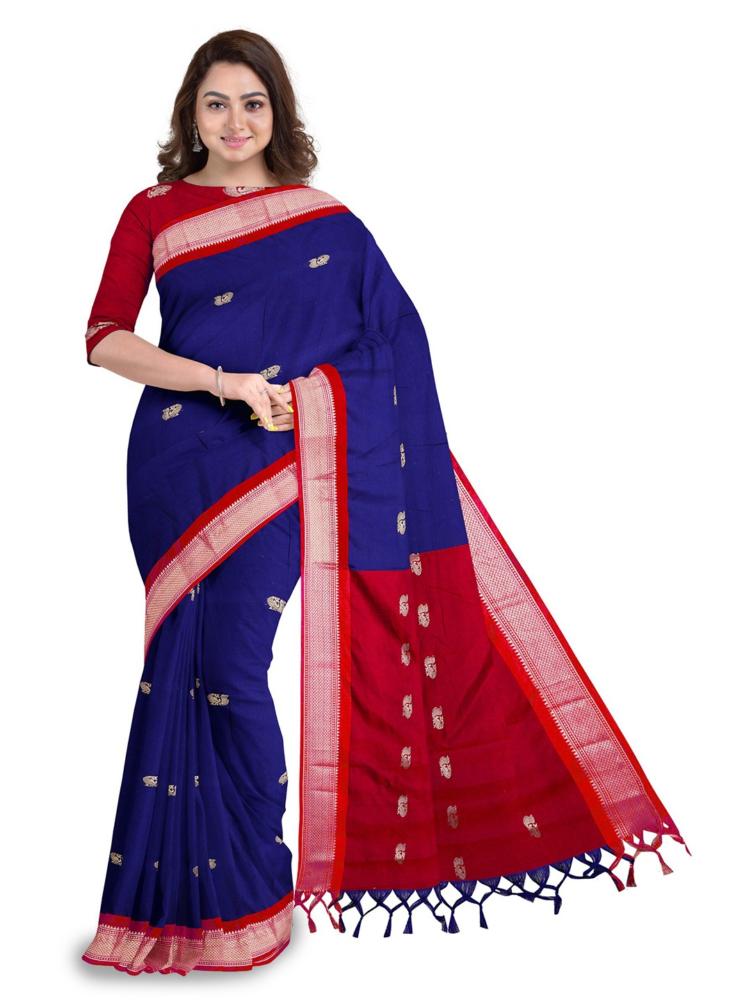 

Anouk Navy Blue & Red Ethnic Woven Design Zari Saree