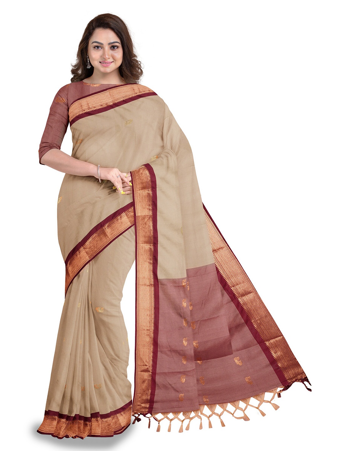 

Anouk Beige & Red Ethnic Woven Design Zari Saree