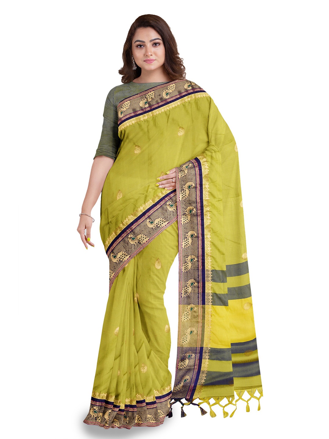 

Anouk Lime Green & Navy Blue Ethnic Woven Design Zari Saree