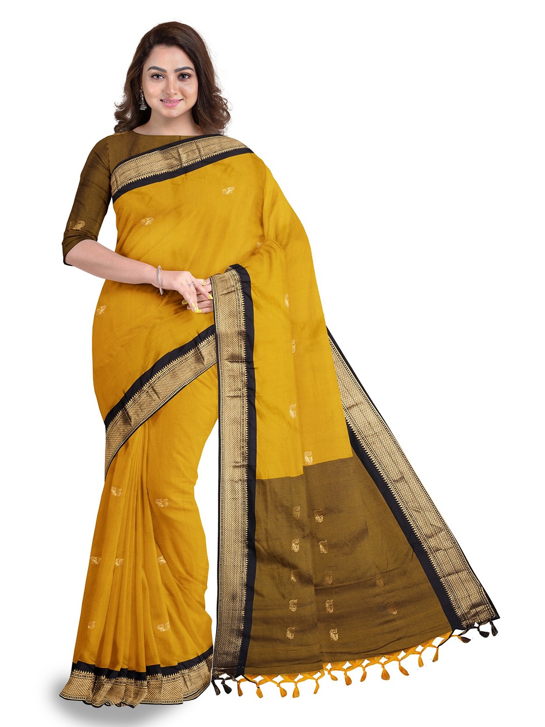 

Anouk Mustard & Gold-Toned Ethnic Woven Design Zari Saree