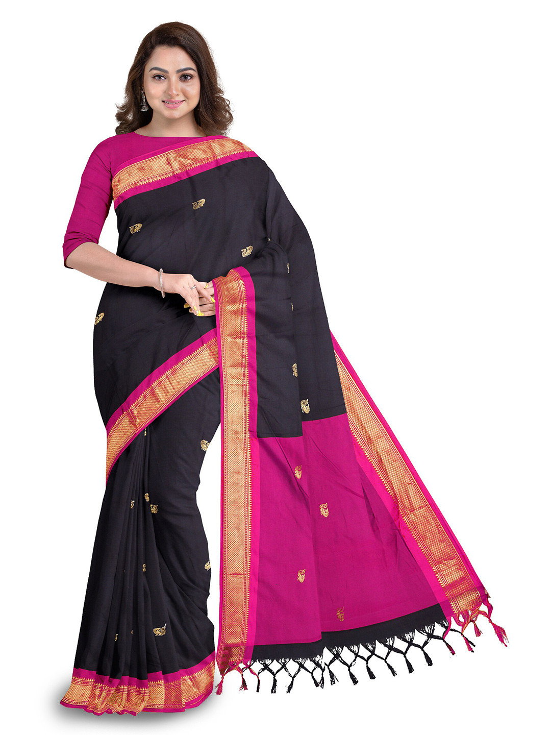 

Anouk Black & Pink Ethnic Woven Design Zari Saree