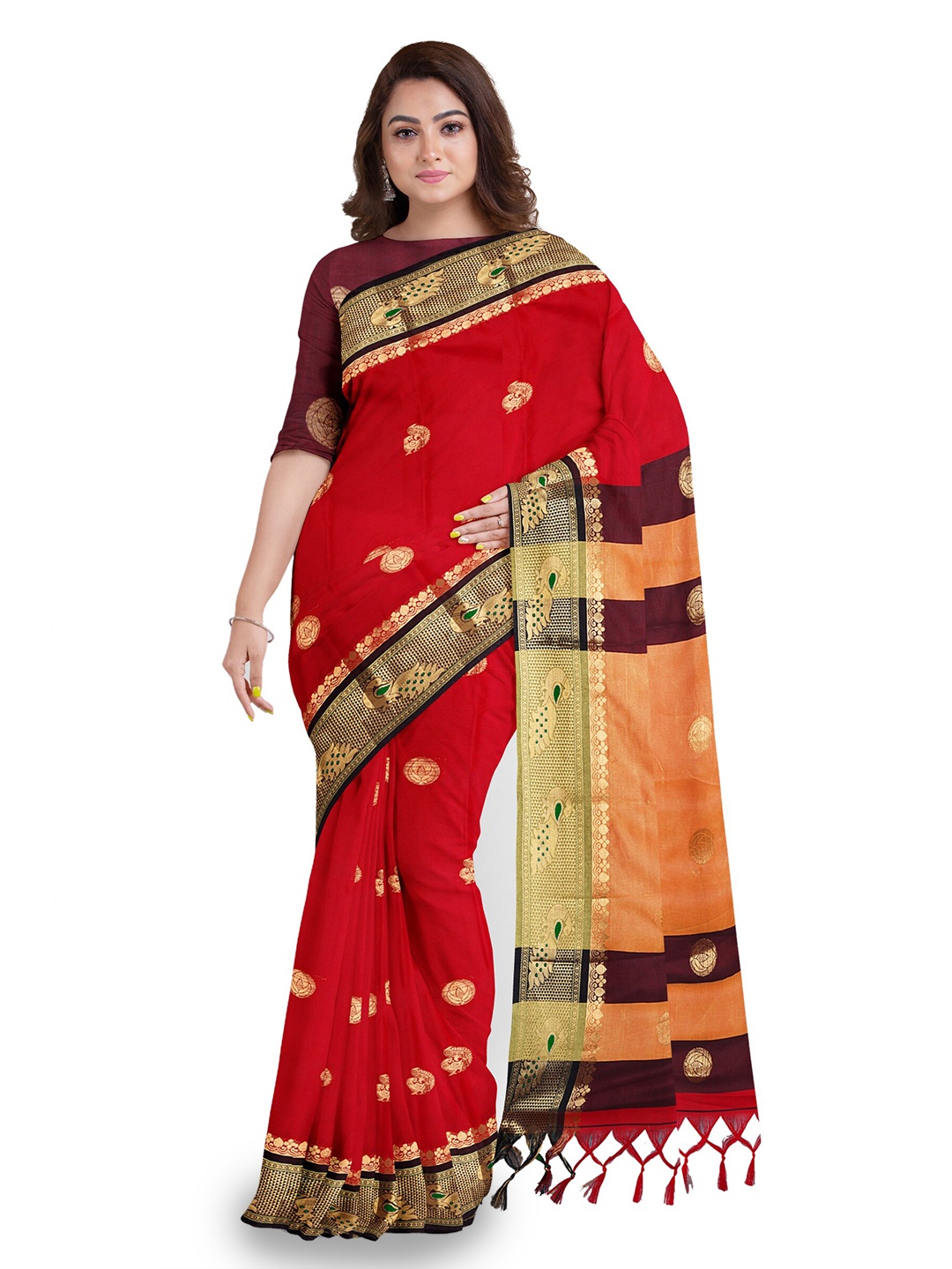 

Anouk Red & Gold-Toned Ethnic Woven Design Zari Saree