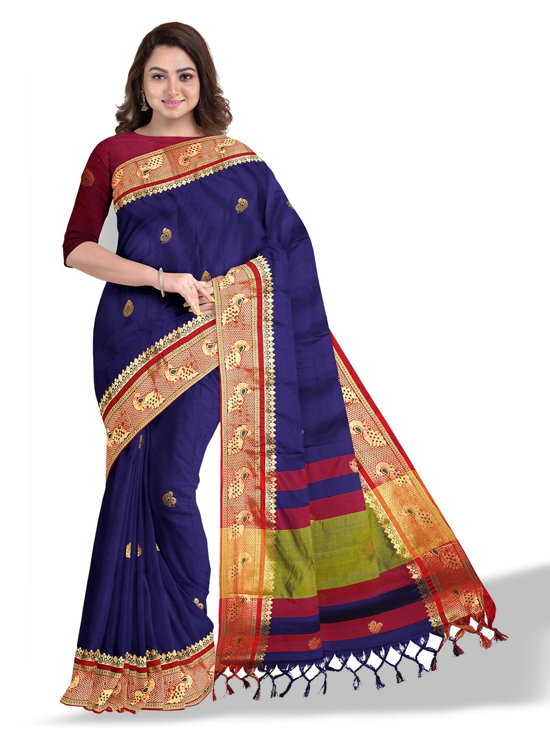 

Anouk Navy Blue & Red Ethnic Woven Design Zari Saree