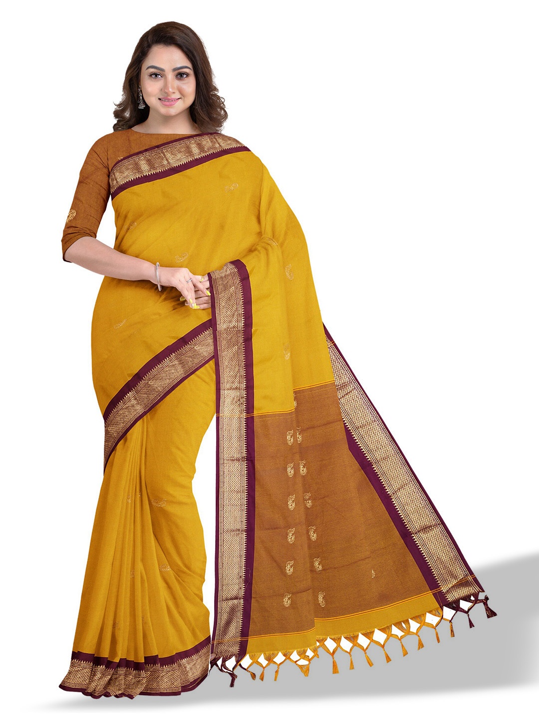 

Anouk Mustard & Maroon Ethnic Woven Design Zari Saree