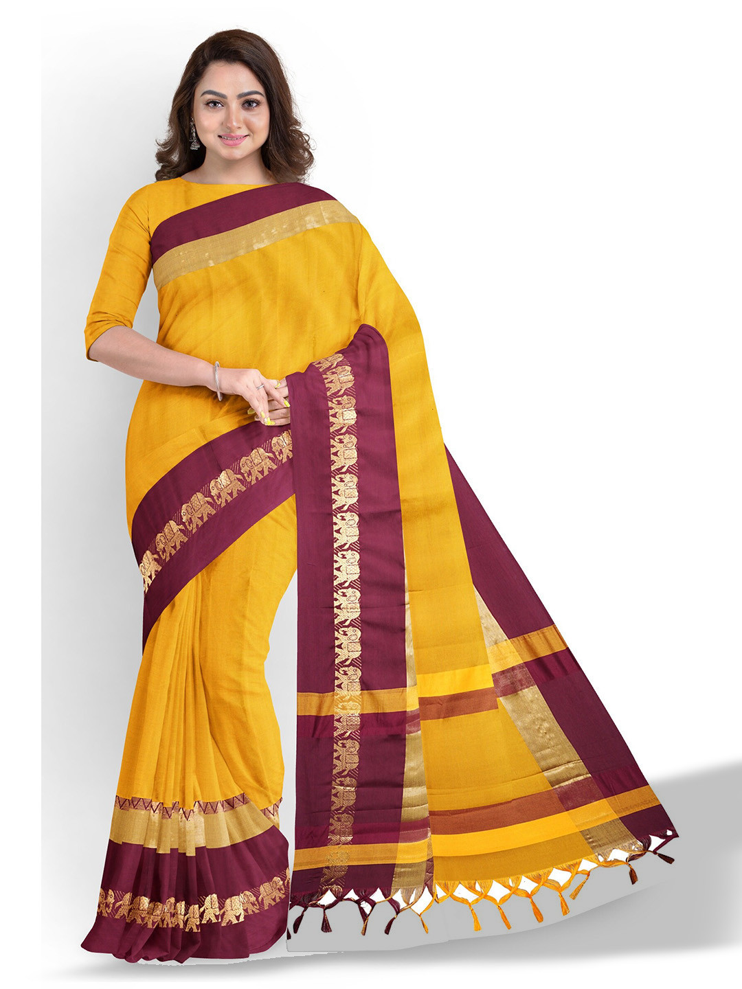 

Anouk Yellow & Purple Zari Silk Blend Saree