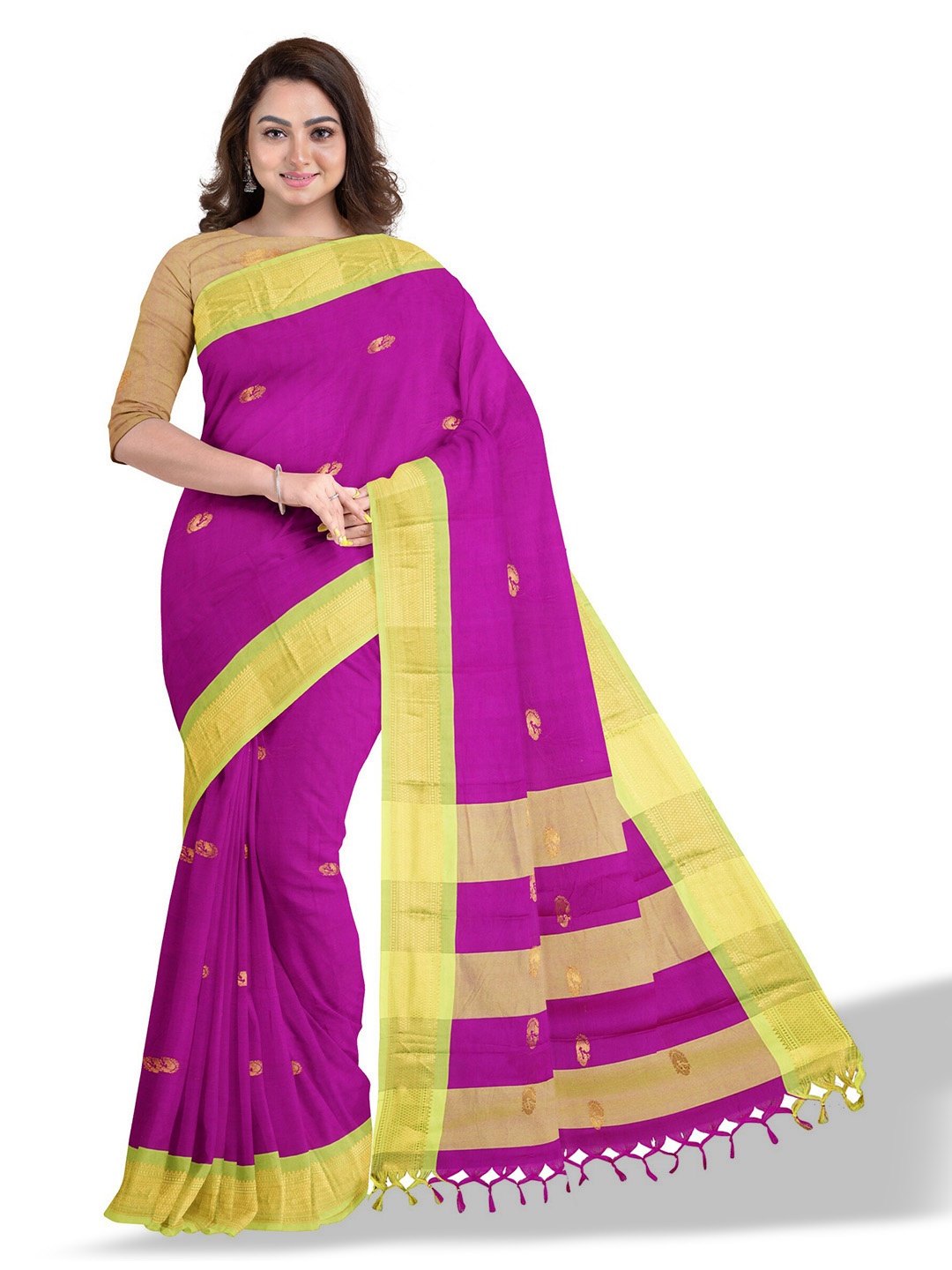 

Anouk Magenta & Yellow Ethnic Woven Design Zari Saree