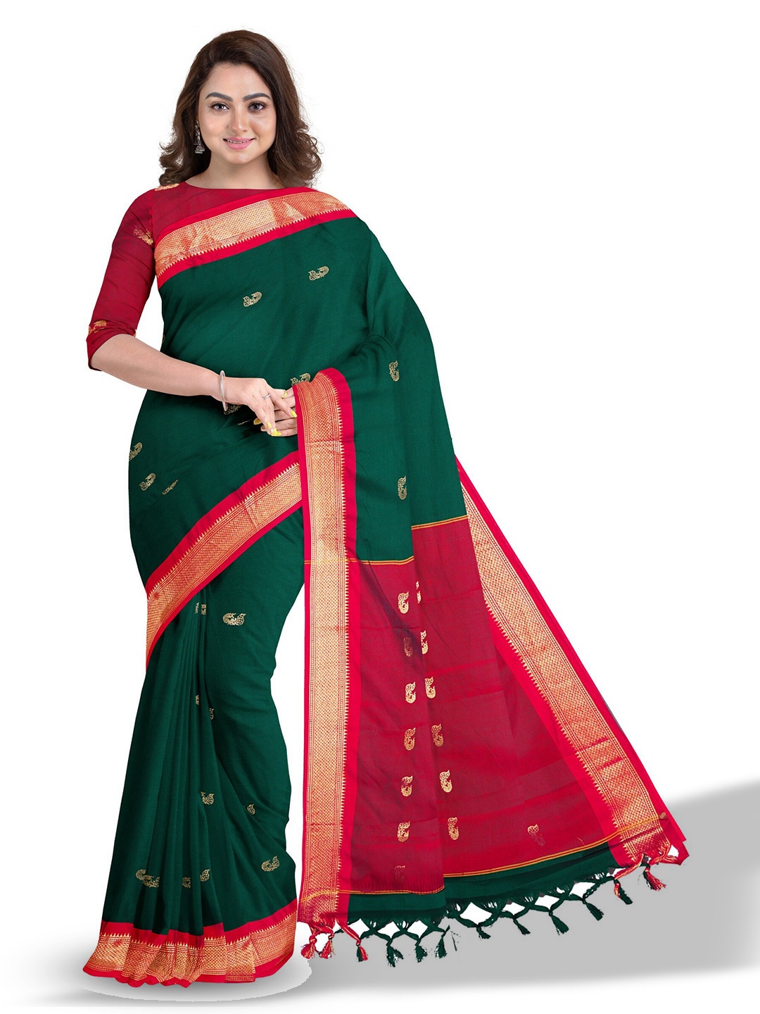 

Anouk Green & Red Ethnic Woven Design Zari Saree