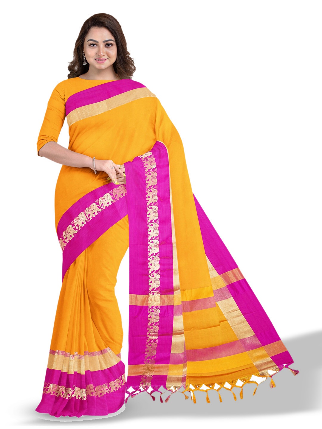 

Anouk Yellow & Pink Zari Silk Blend Saree