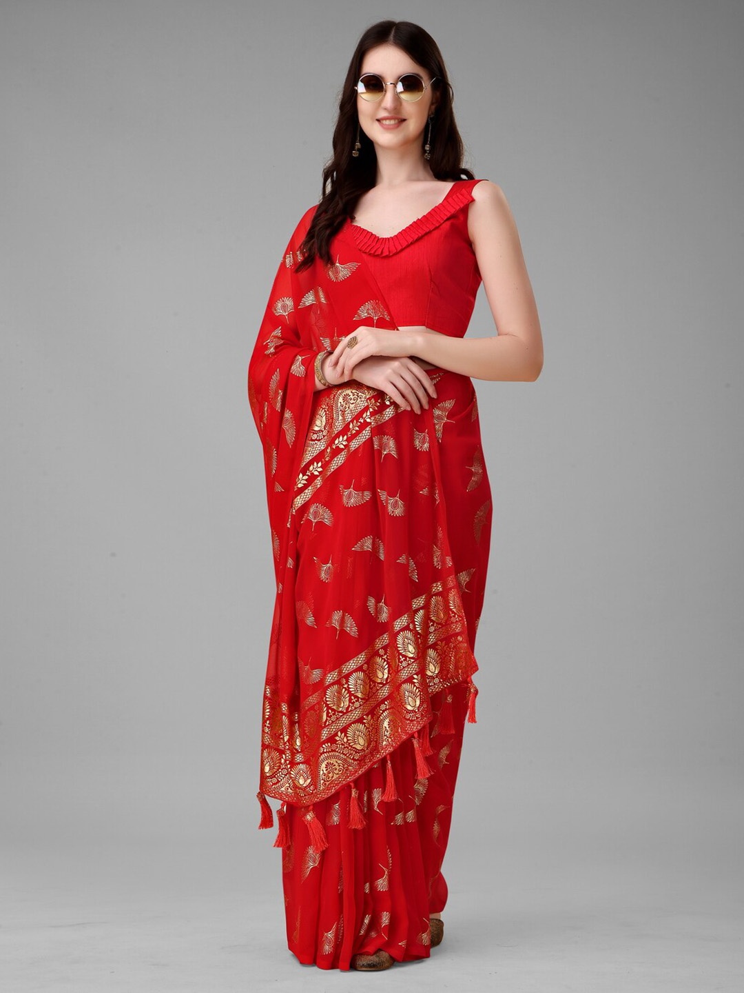 

Anouk Red & Gold-Toned Ethnic Motifs Printed Pure Georgette Saree